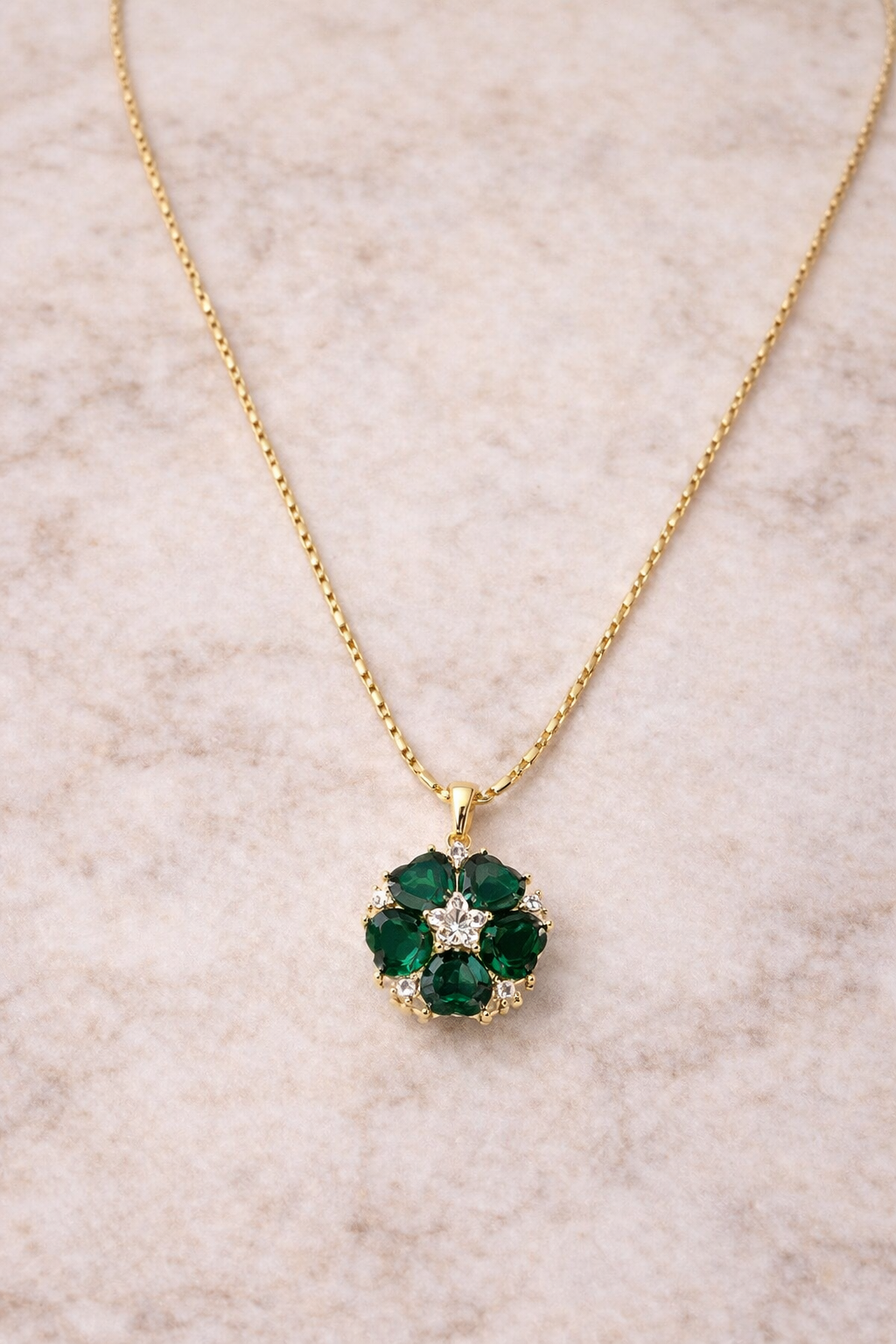 Emerald Flower Pendant  Necklace